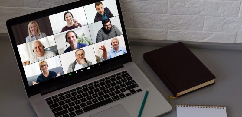 Laptop screen with video chat of friends