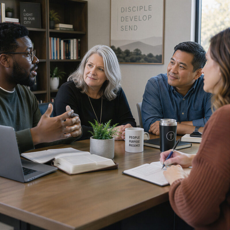 Church staff members around a table engaged in discussion with notebooks and a laptop
